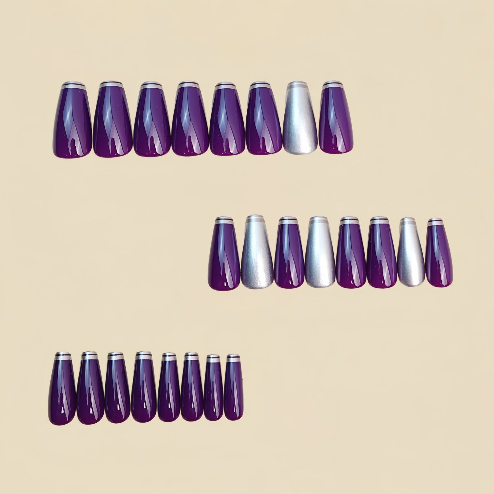 24pcs/Set Purple & Silver Striped French Press-On Nails