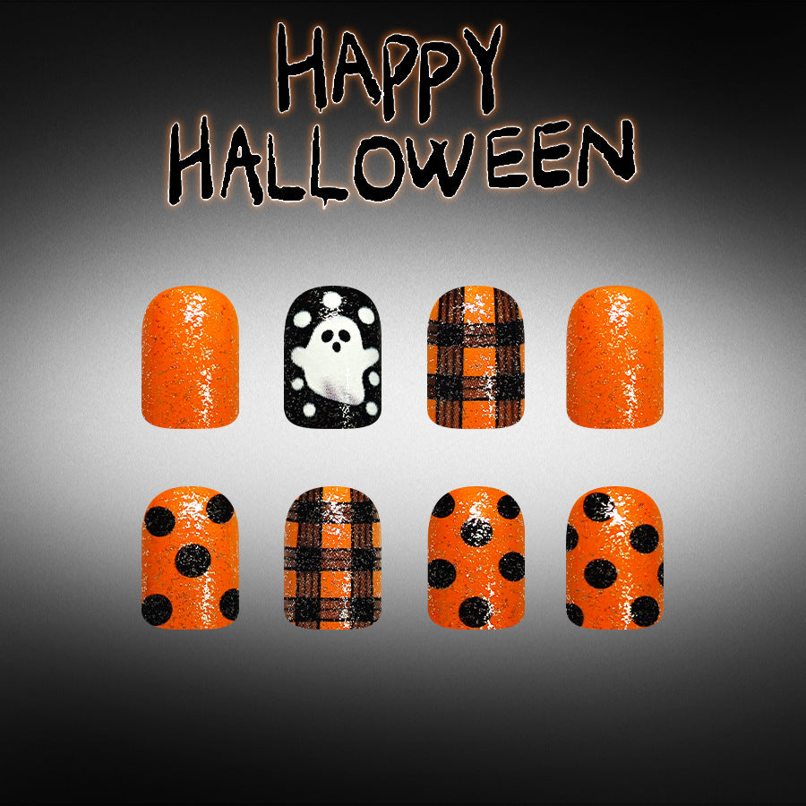 24pcs/Set Black Plaid, Polka Dots & Ghosts Press-On Nails