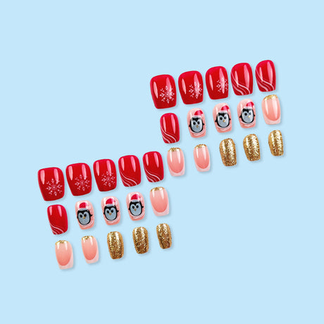 30pcs/Set French Tips with Snowflakes & Penguins Press-On Nails