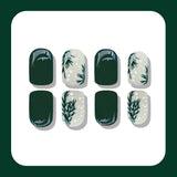 24pcs/Set Dark Green Snowflakes & Foliage Press-On Nails