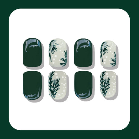 24pcs/Set Dark Green Snowflakes & Foliage Press-On Nails