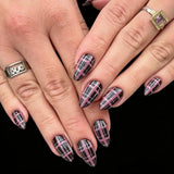 24pcs/Set Black & Pink Plaid Press On Nails