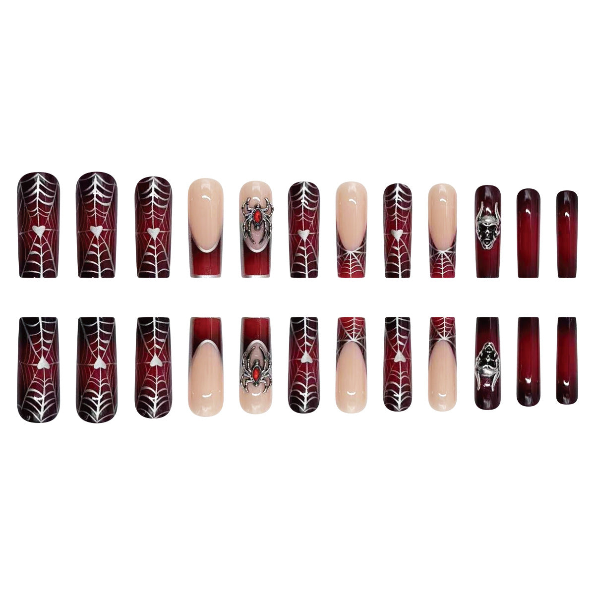 24pcs/Set Burgundy French Tips with 3D Spider Press On Nails