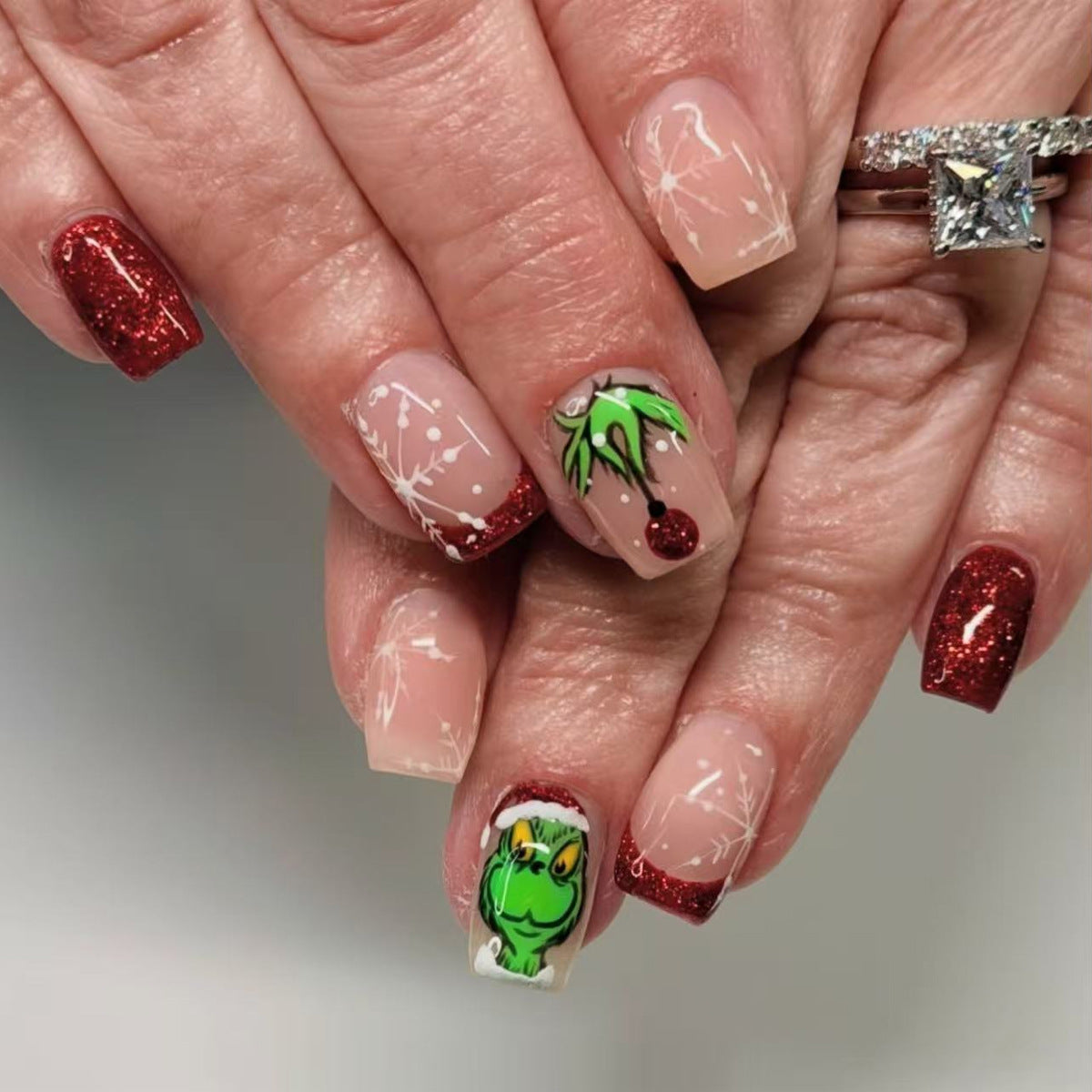 24pcs/Set Grinch Snowflakes & Red French Tips Press-On Nails