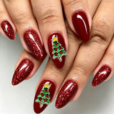 24pcs/Set Sparkling Red Christmas Tree Press On Nails