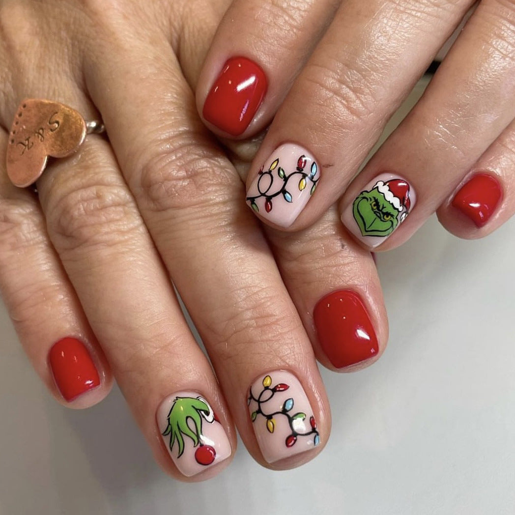 24pcs/Set Grinch Tinsel & Christmas Lights Press On Nails