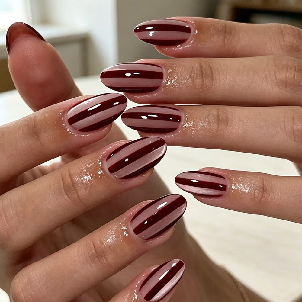28pcs/Set Vintage Burgundy Striped Cat Eye Press-On Nails