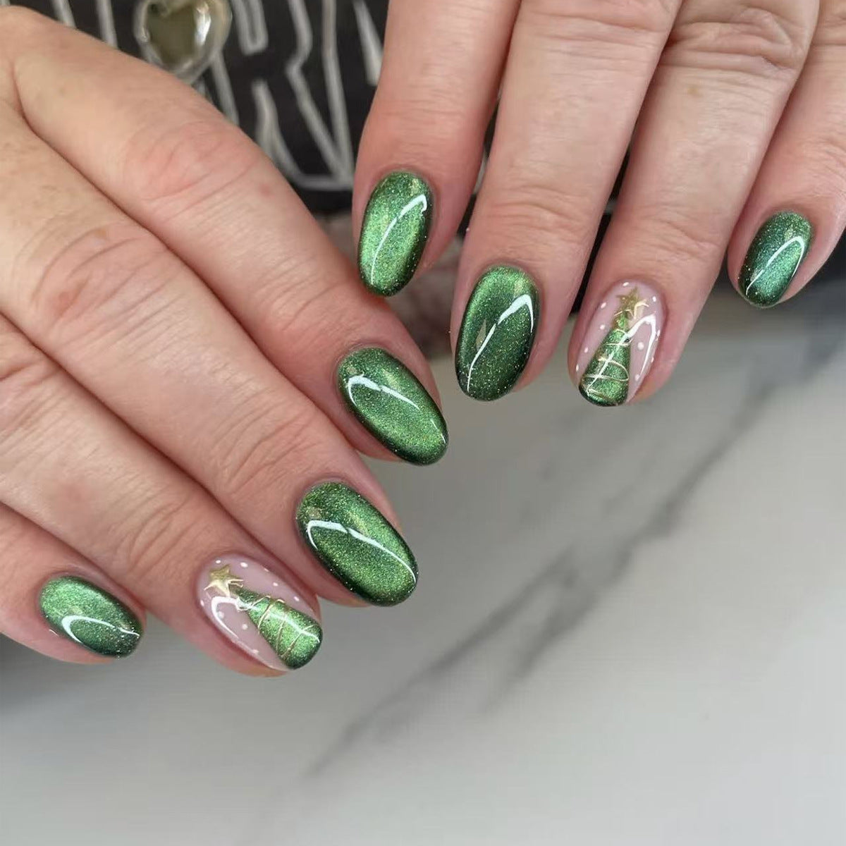 24pcs/Set Green Cat Eye Christmas Tree Press On Nails