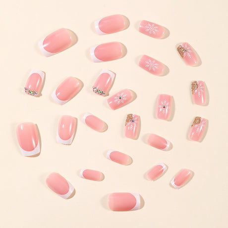 24pcs/Set White French Tips with Glitter Snowflakes Press-On Nails
