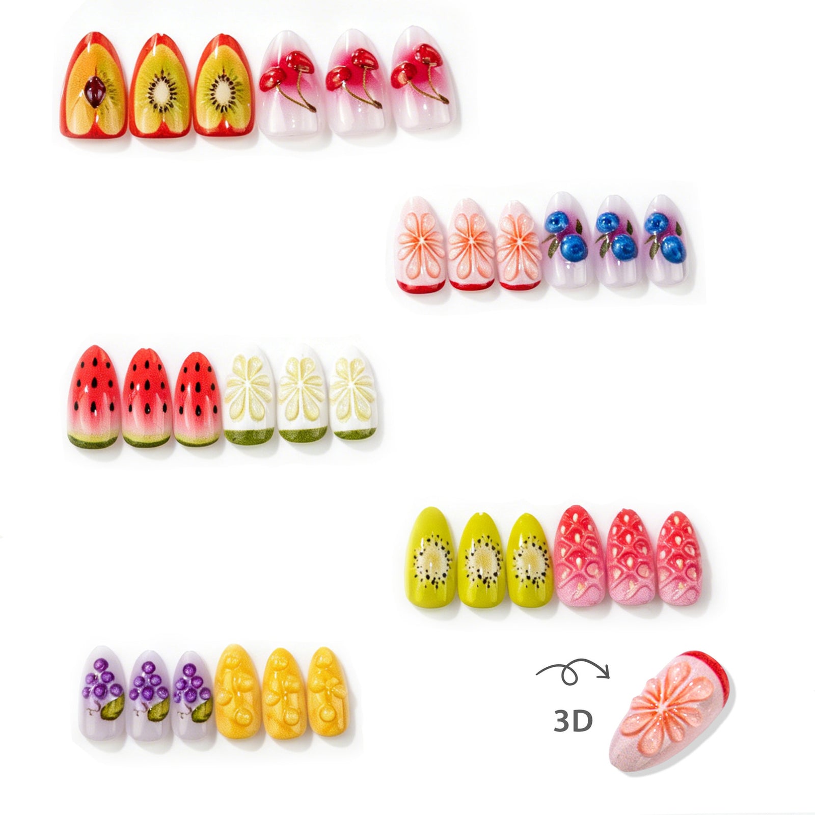 30pcs/Set 3D Cherry & Strawberry Press-On Nails