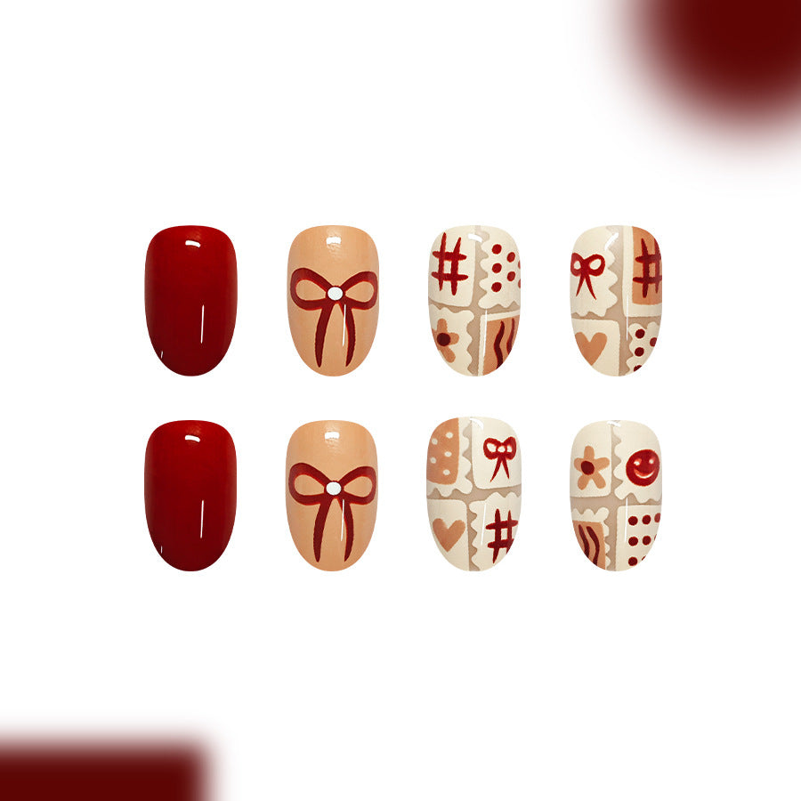 24pcs/Set Bow & Brown Coffee Line Art Press On Nails