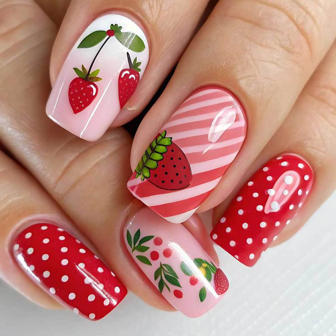 24pcs/Set Striped Strawberry Press On Nails