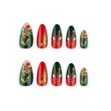 24pcs/Set Red & Green Floral Christmas Press On Nails
