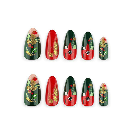 24pcs/Set Red & Green Floral Christmas Press On Nails