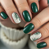 24pcs/Set Dark Green Snowflakes & Foliage Press-On Nails