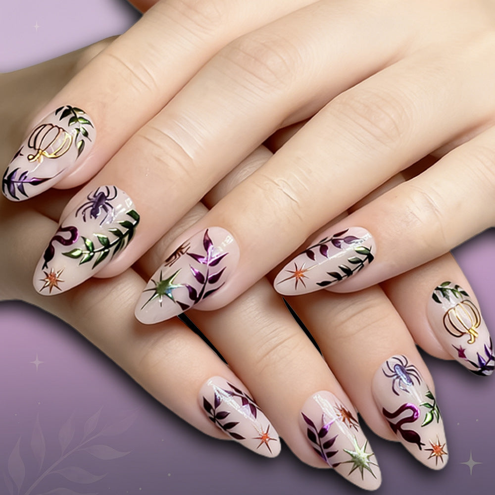 24pcs/Set Colorful Snake & Foliage Press-On Nails