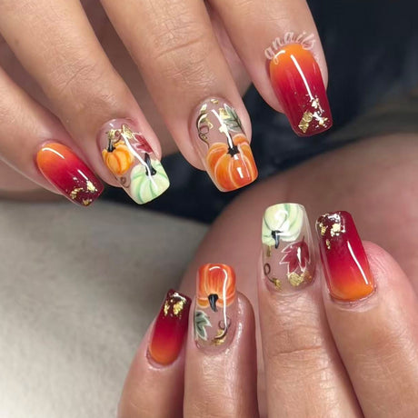 24pcs/Set Pumpkin & Maple Leaf Doodle Press On Nails
