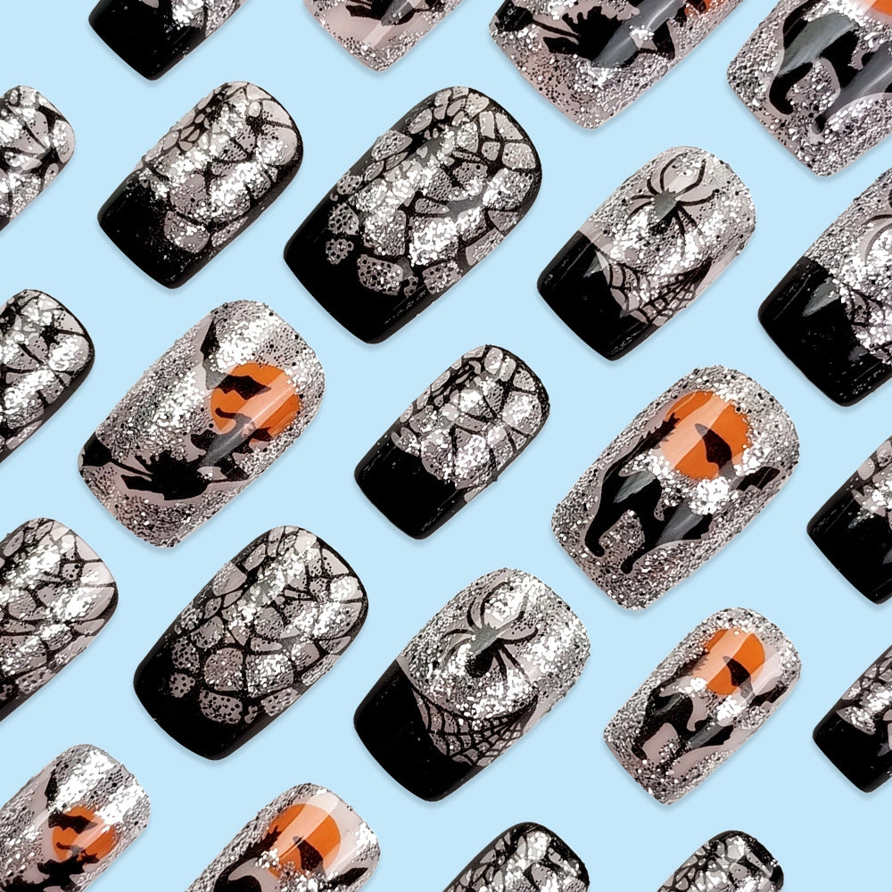 24pcs/Set Silver Glitter Black & Pink Spider Press On Nails