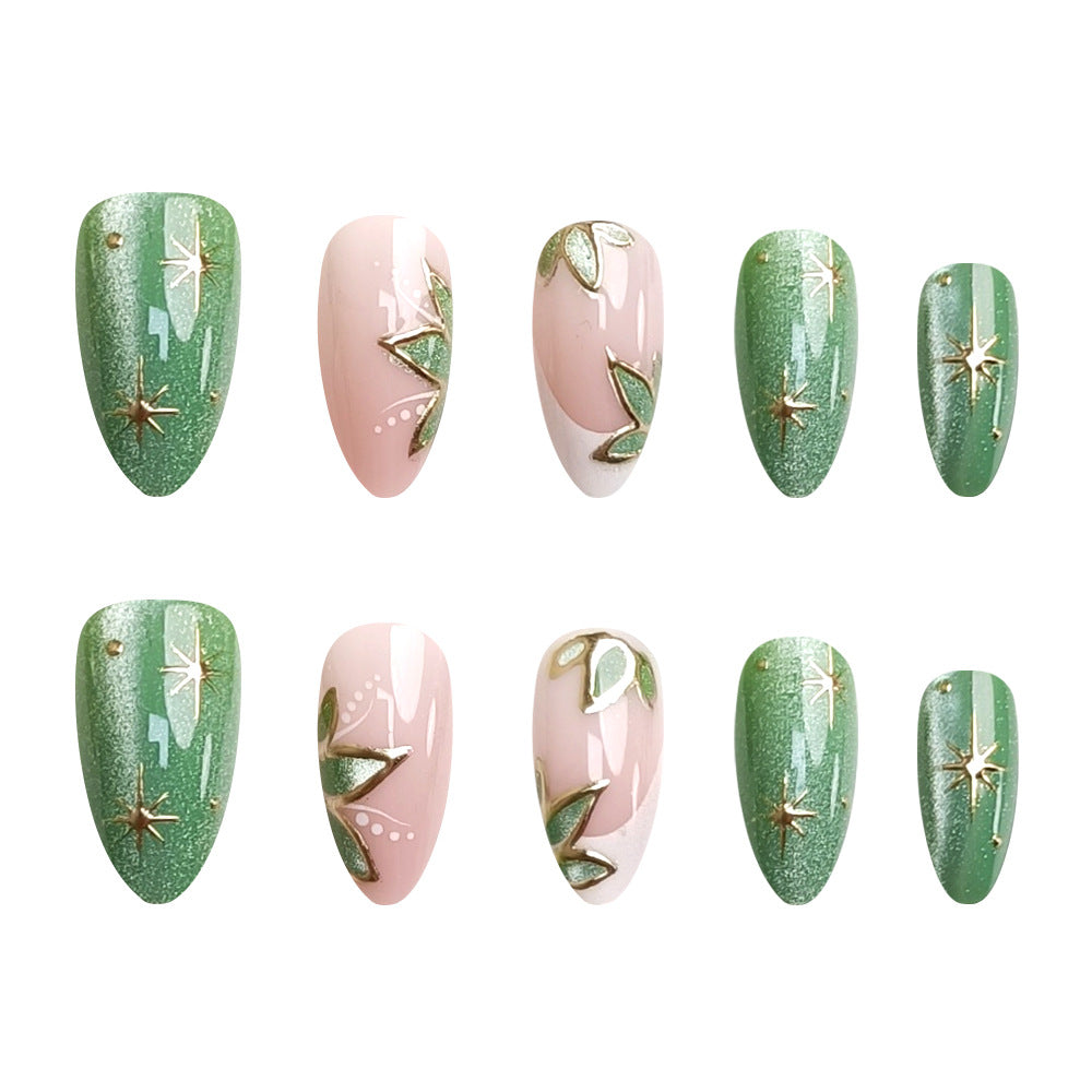 24pcs/Set Gold Foil Floral Leaf Cat Eye French Press-On Nails