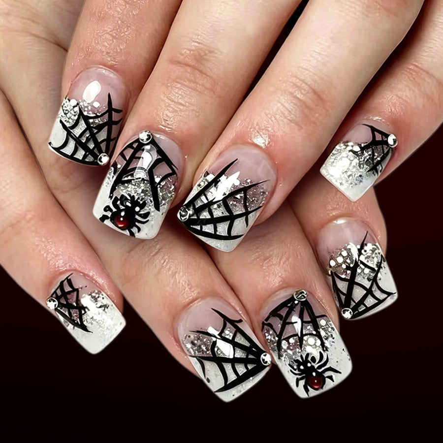 24pcs/Set Black & White French Glitter Spider Web Press-On Nails