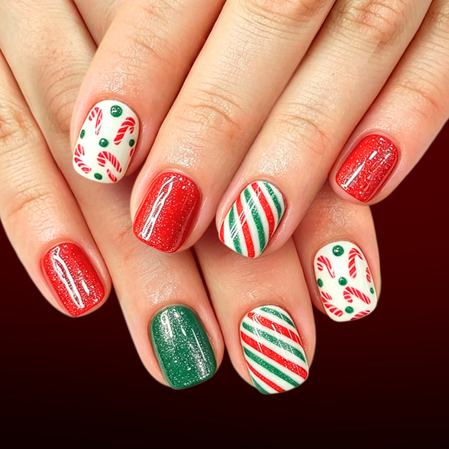 24pcs/Set Red, Green & White Striped Snowflake Christmas Trees Press On Nails