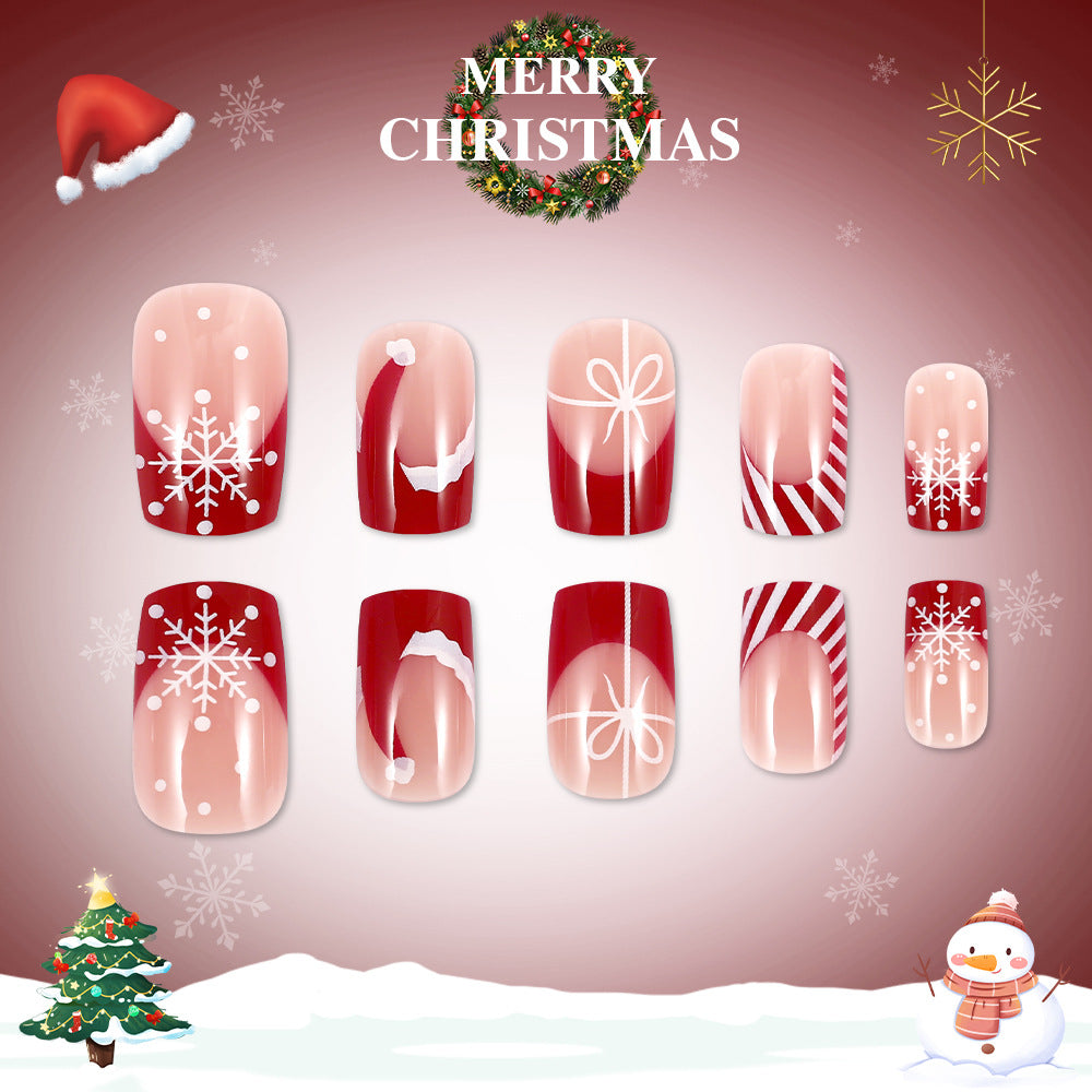 24pcs/Set Santa Hats, Snowflakes & Ribbon French Tips Press-On Nails