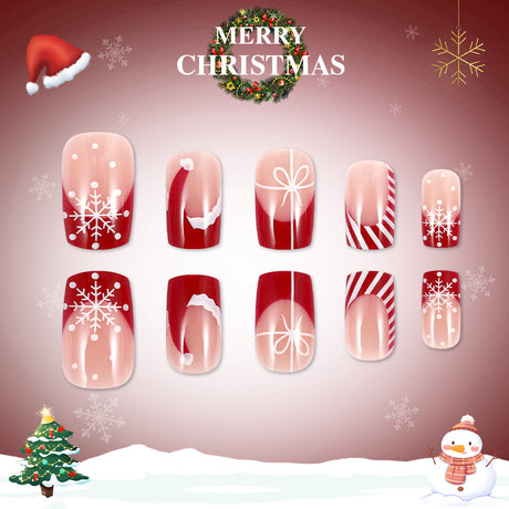 24pcs/Set Santa Hats, Snowflakes & Ribbon French Tips Press-On Nails