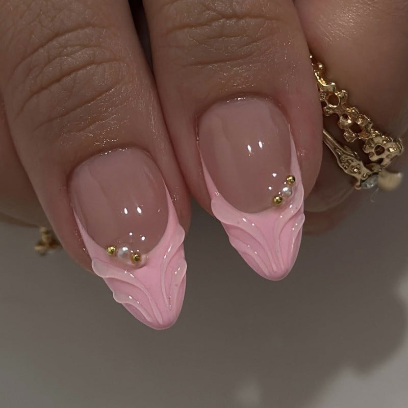 24pcs/Set French Tip 3D Floral Press-On Nails
