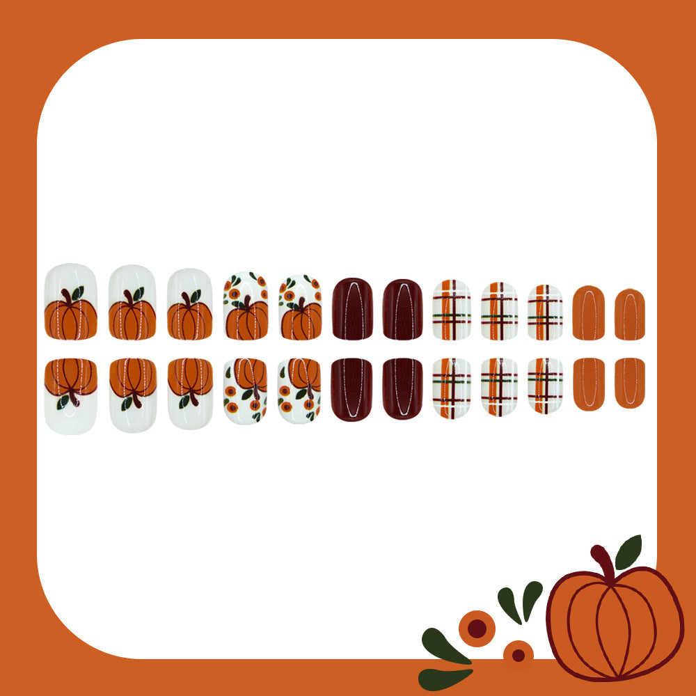 24pcs/Set Striped Pumpkin Floral Press On Nails
