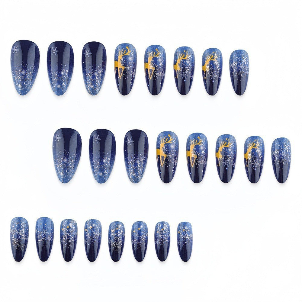 24pcs/Set Blue & Black Ombre Reindeer Press On Nails