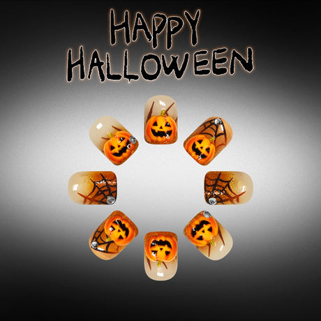 24pcs/Set Orange 3D Embossed Pumpkin Press-On Nails