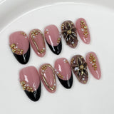 (Handmade) 10pcs/Set Gold Foil French Tips with 3D Flowers Press-On Nails