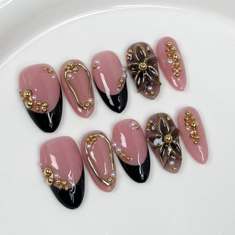 (Handmade) 10pcs/Set Gold Foil French Tips with 3D Flowers Press-On Nails