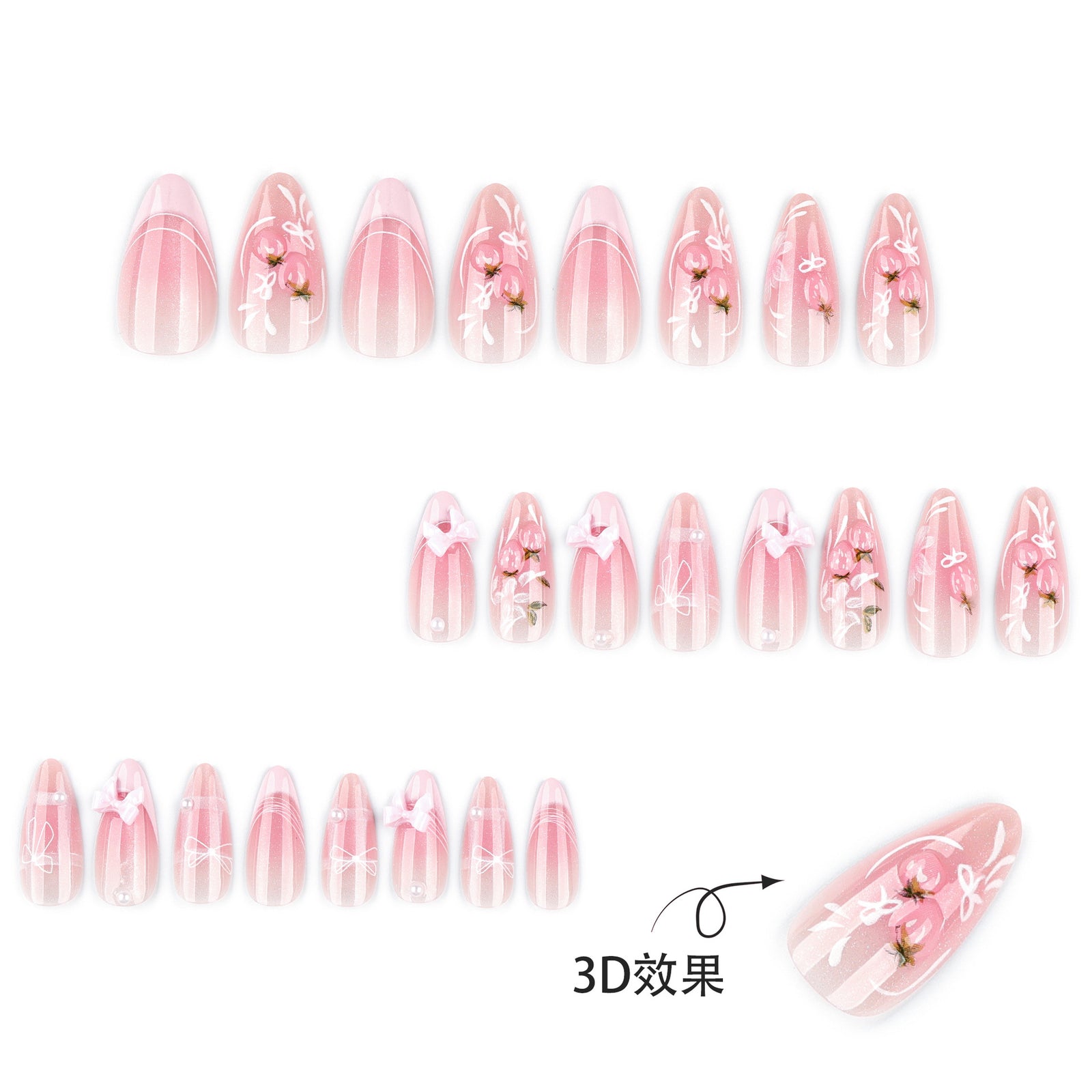 24pcs/Set Pink Floral French Press On Nails