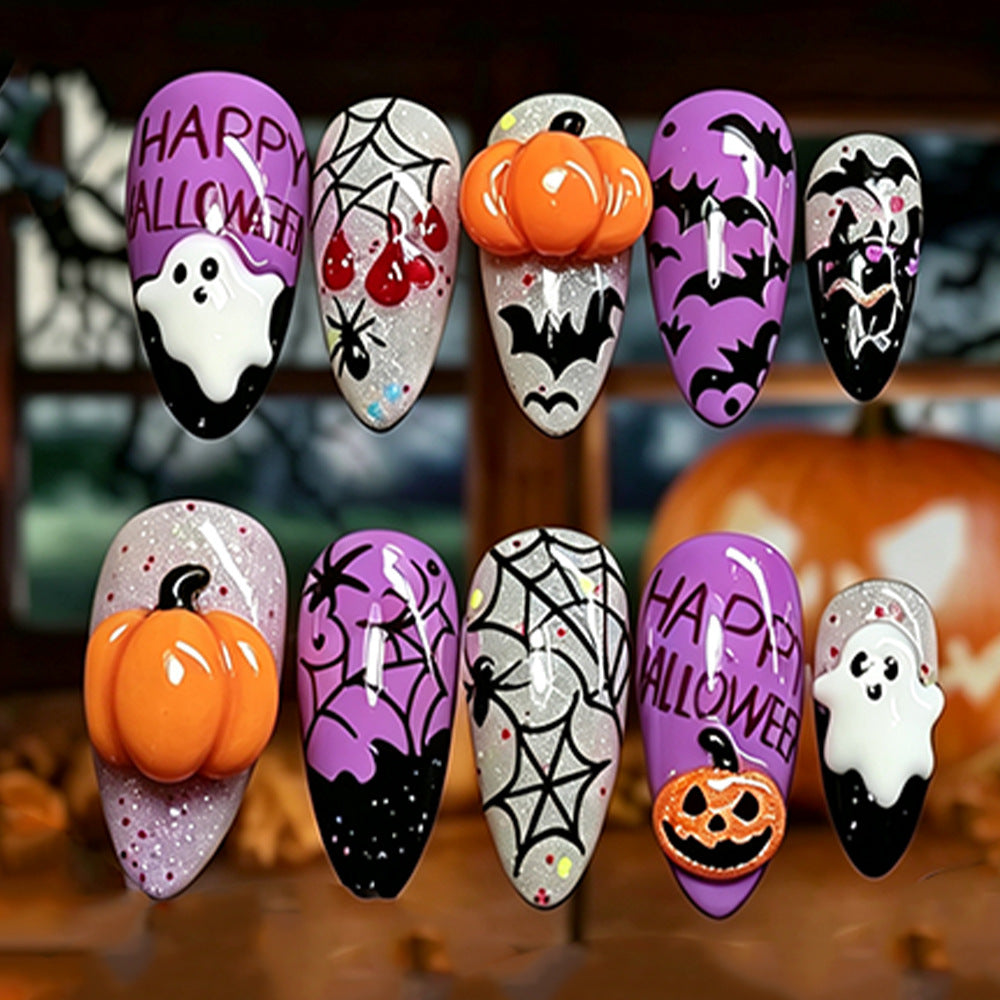30pcs/Set Pumpkin Ghost Spiderweb & Bats Press-On Nails