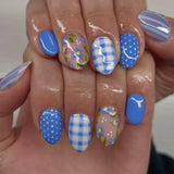 24pcs/Set Blue & White Plaid Floral Press On Nails