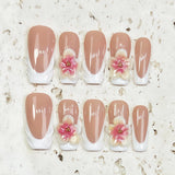 (Handmade) 10pcs/Set Nude Pink French Tip 3D Floral Press-On Nails