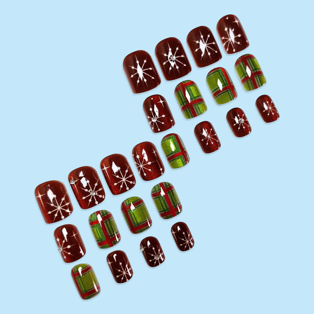24pcs/Set Vintage Christmas Red & Green Plaid Press On Nails