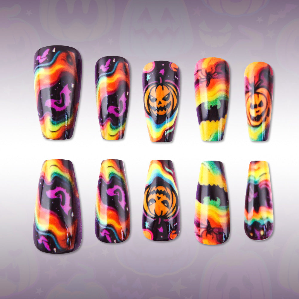 24pcs/Set Rainbow Wave Pumpkin Bat Press On Nails