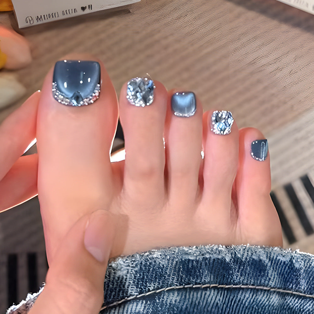 24pcs/Set Deep Blue Cat Eye with Rhinestones Press On Toe Nails