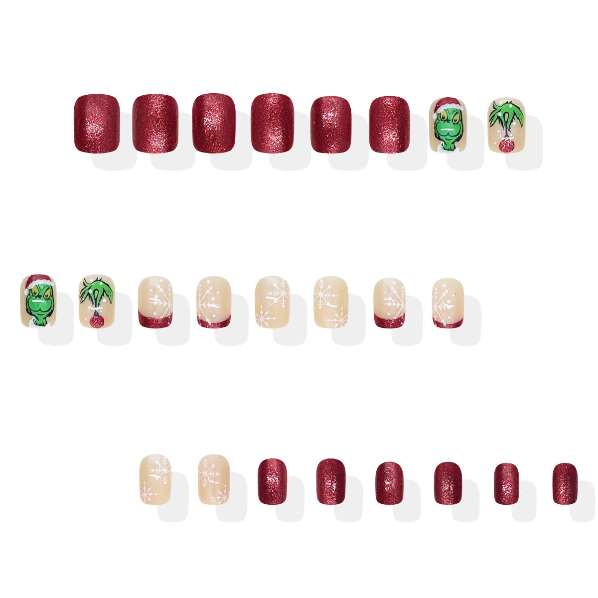 24pcs/Set Grinch Snowflakes & Red French Tips Press-On Nails