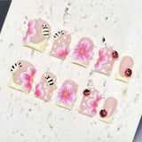 (Handmade) 10pcs/Set Yellow French 3D Pink Flower & Bumblebee Press-On Nails