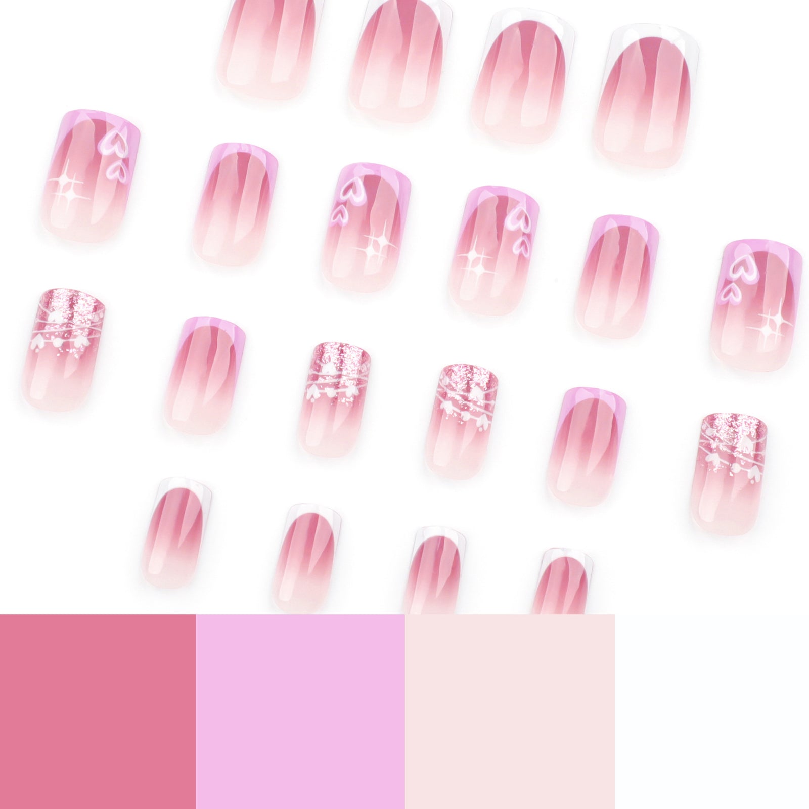 24pcs/Set Hot Pink French Hearts Press-On Nails