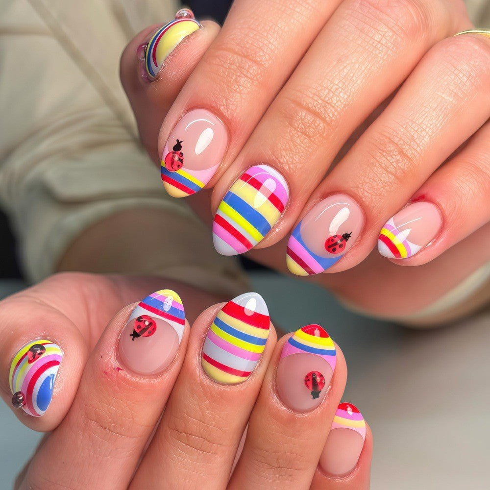30pcs/Set Rainbow Stripe 3D Ladybug Press On Nails