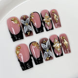 (Handmade) 10pcs/Set Black French Tips with Floral Design Press-On Nails