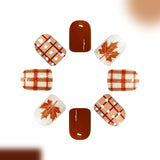 24pcs/Set Brown Plaid Lines & Polka Dot Maple Leaves Press On Nails