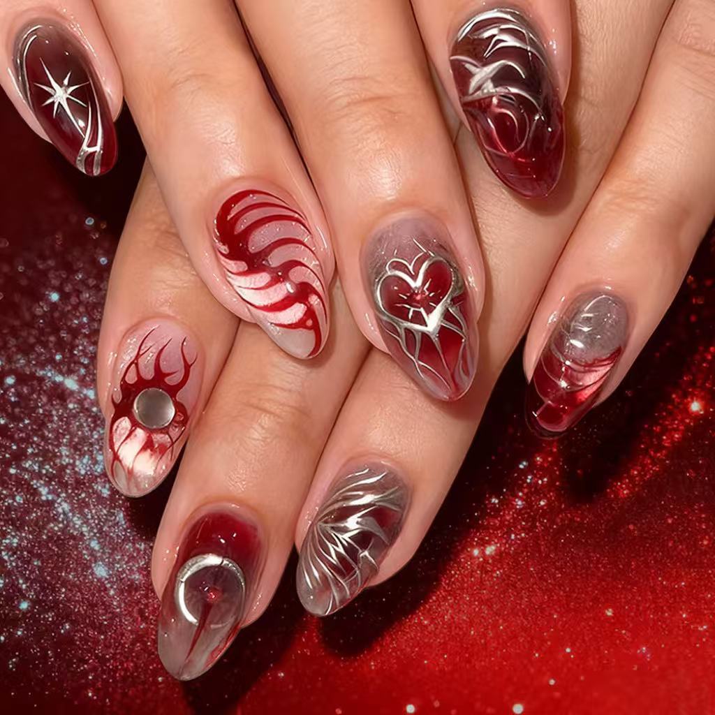 30pcs/Set Gold Foil Cat Eye Ombre Hearts Press-On Nails