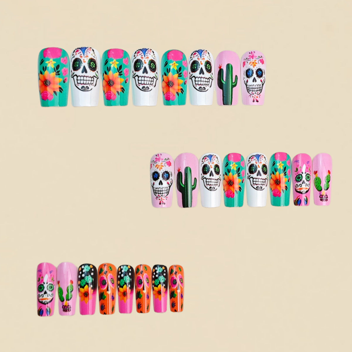 24pcs/Set Skull Cactus Sunflower Press-On Nails