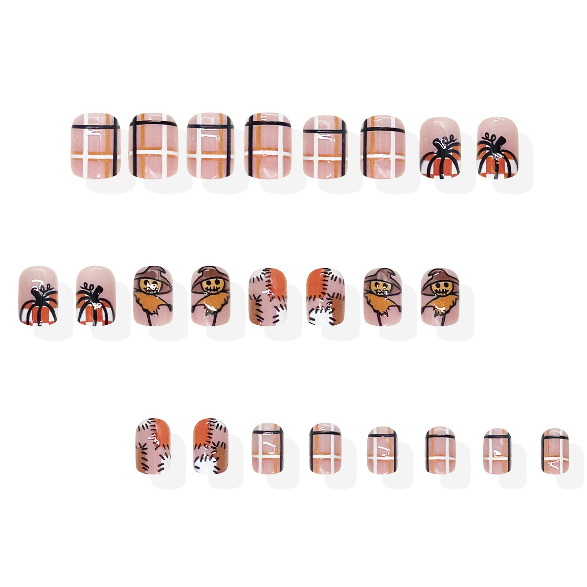 24pcs/Set Patchwork Scarecrow Pumpkin Press On Nails