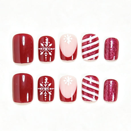24pcs/Set Red Stripes & Snowflakes Press-On Nails